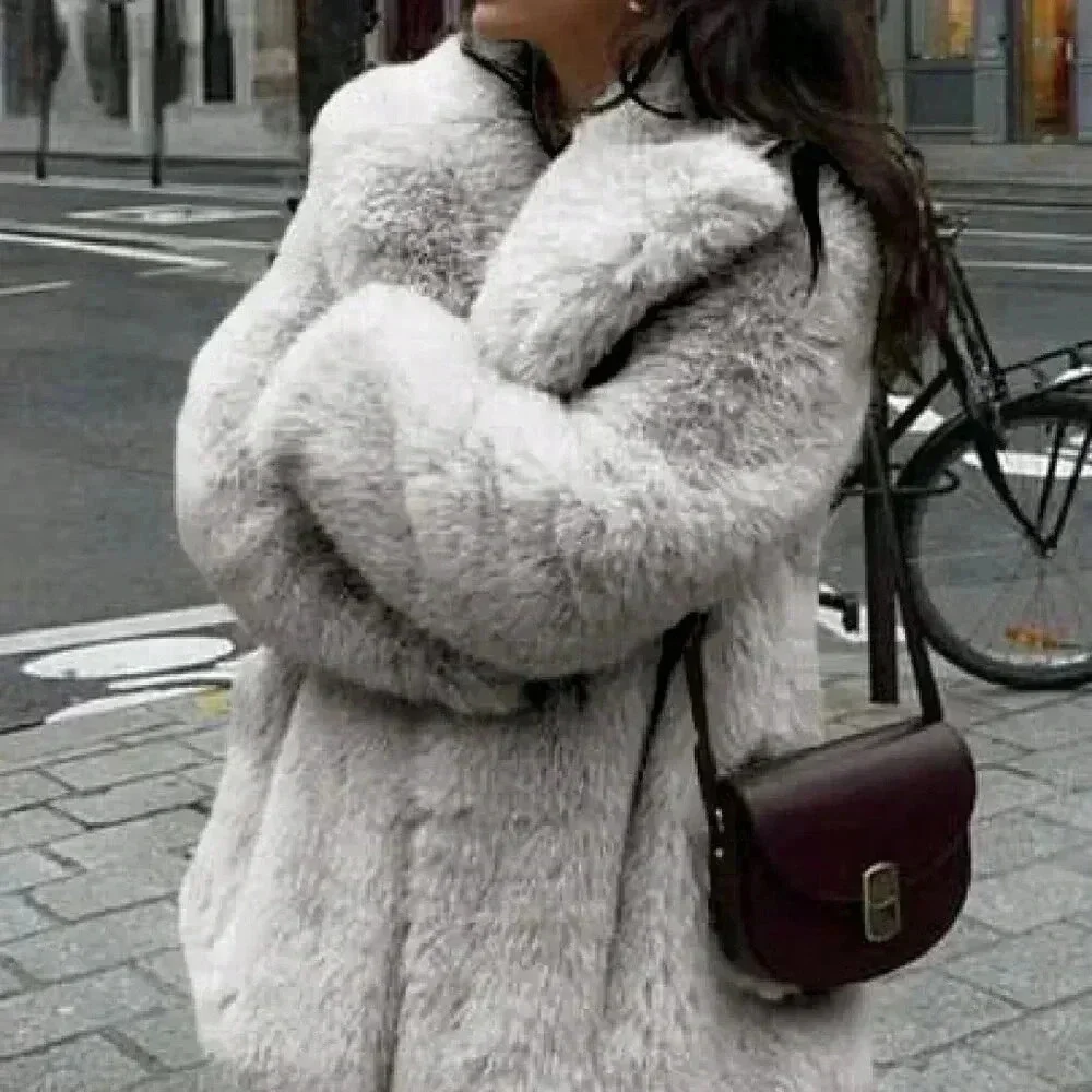 Grey Casual Women's Fluffy Collar Coat - Picture 2 of 5